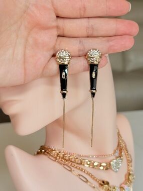 Gold Tone Black Microphone Drop Earrings